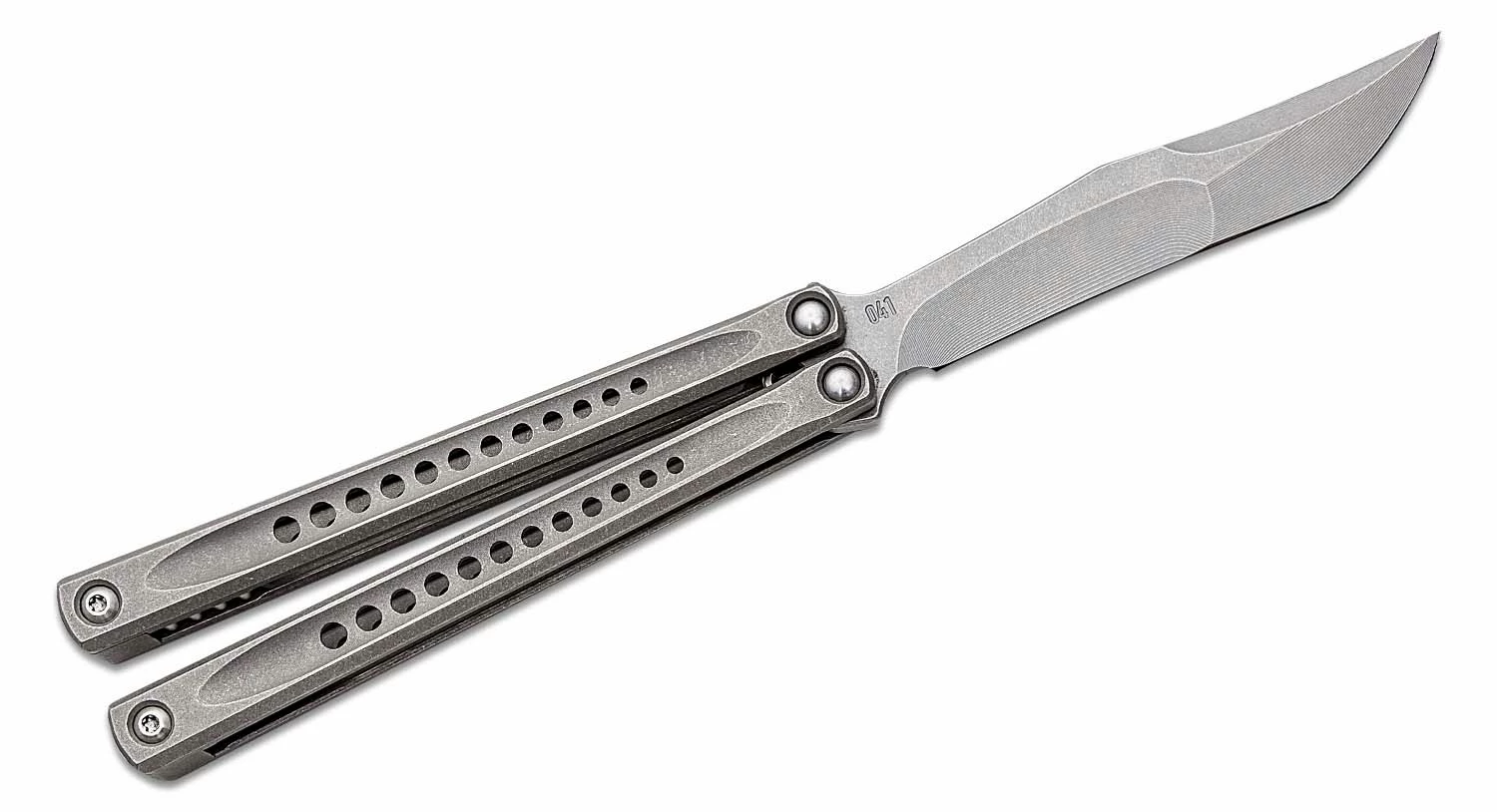 JK Designs Custom Embargo #041 Butterfly Knife 4.625″ S35VN Stonewashed Blade, Stonewashed Sandwich Titanium Handles With Hole Pattern – Bushing Pivot 4 JK Designs Custom Embargo #041 Butterfly Knife 4.625″ S35VN Stonewashed Blade, Stonewashed Sandwich Titanium Handles With Hole Pattern – Bushing Pivot - Image 2