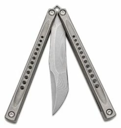 JK Designs Custom Embargo #047 Butterfly Knife 4.625″ S35VN Satin Blade, Zirblasted Sandwich Titanium Handles With Hole Pattern – Bushing Pivot -SANFORD CUSTOM KNIVES Sales JKDEMBARGO041 3 1