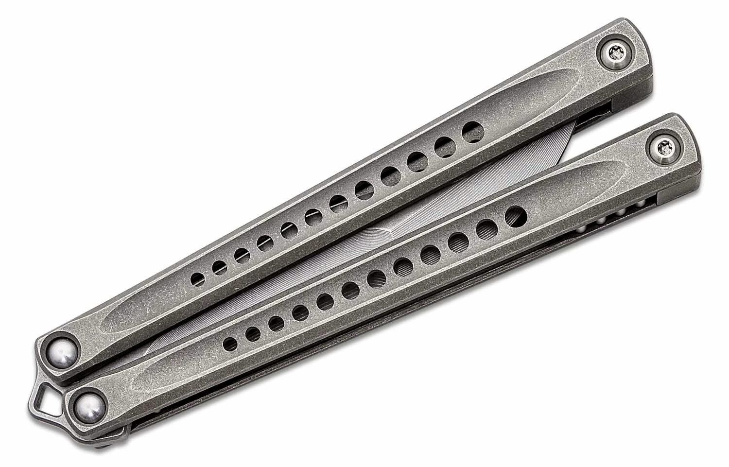 JK Designs Custom Embargo #041 Butterfly Knife 4.625″ S35VN Stonewashed Blade, Stonewashed Sandwich Titanium Handles With Hole Pattern – Bushing Pivot 6 JK Designs Custom Embargo #041 Butterfly Knife 4.625″ S35VN Stonewashed Blade, Stonewashed Sandwich Titanium Handles With Hole Pattern – Bushing Pivot - Image 4