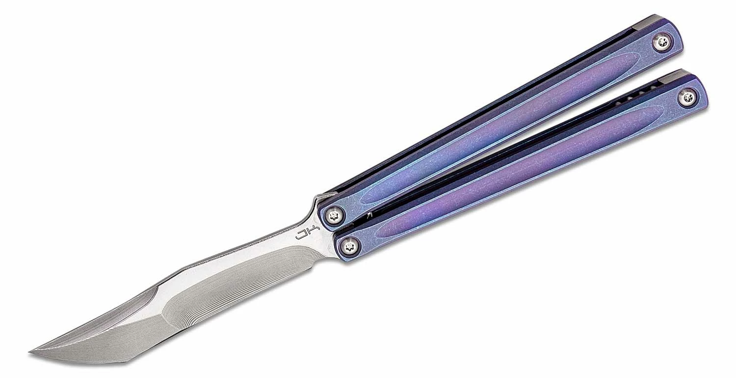 JK Designs Custom Embargo #067 Butterfly Knife 4.625″ S35VN Polished Blade, Purple Anodized Sandwich Titanium Handles – Bushing Pivot 3 JK Designs Custom Embargo #067 Butterfly Knife 4.625″ S35VN Polished Blade, Purple Anodized Sandwich Titanium Handles – Bushing Pivot