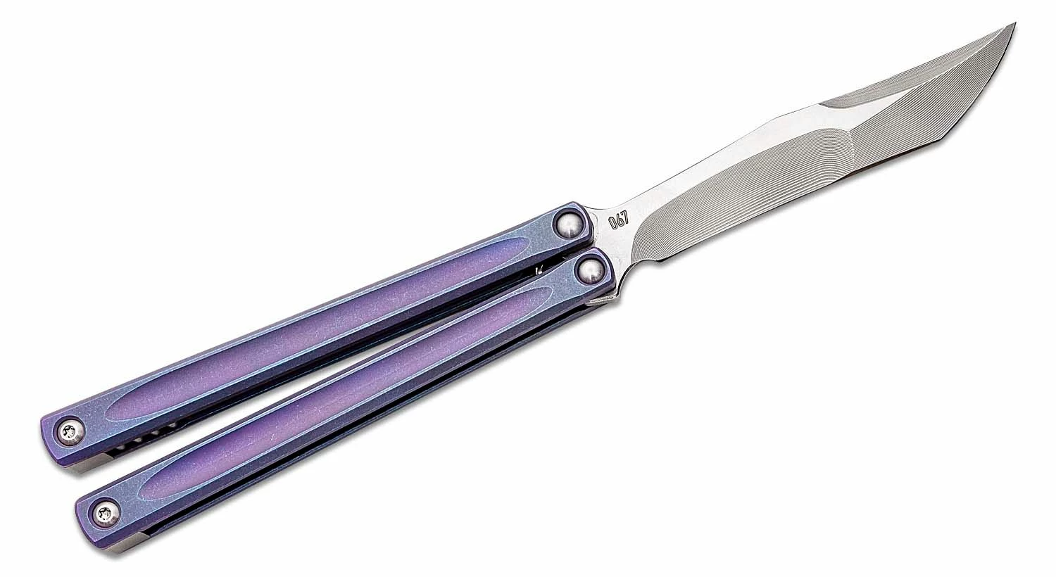 JK Designs Custom Embargo #067 Butterfly Knife 4.625″ S35VN Polished Blade, Purple Anodized Sandwich Titanium Handles – Bushing Pivot 4 JK Designs Custom Embargo #067 Butterfly Knife 4.625″ S35VN Polished Blade, Purple Anodized Sandwich Titanium Handles – Bushing Pivot - Image 2