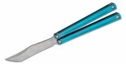 JK Designs Custom Embargo #151 Butterfly Knife 4.625″ S35VN Stonewashed Blade, Blue Anodized Sandwich Titanium Handles – Bushing Pivot