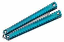 JK Designs Custom Embargo #151 Butterfly Knife 4.625″ S35VN Stonewashed Blade, Blue Anodized Sandwich Titanium Handles – Bushing Pivot -SANFORD CUSTOM KNIVES Sales JKDEMBARGO151 4