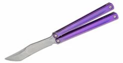 JK Designs Custom Embargo #187 Butterfly Knife 4.625″ S35VN Stonewashed Blade, Purple Anodized Sandwich Titanium Handles – Bushing Pivot