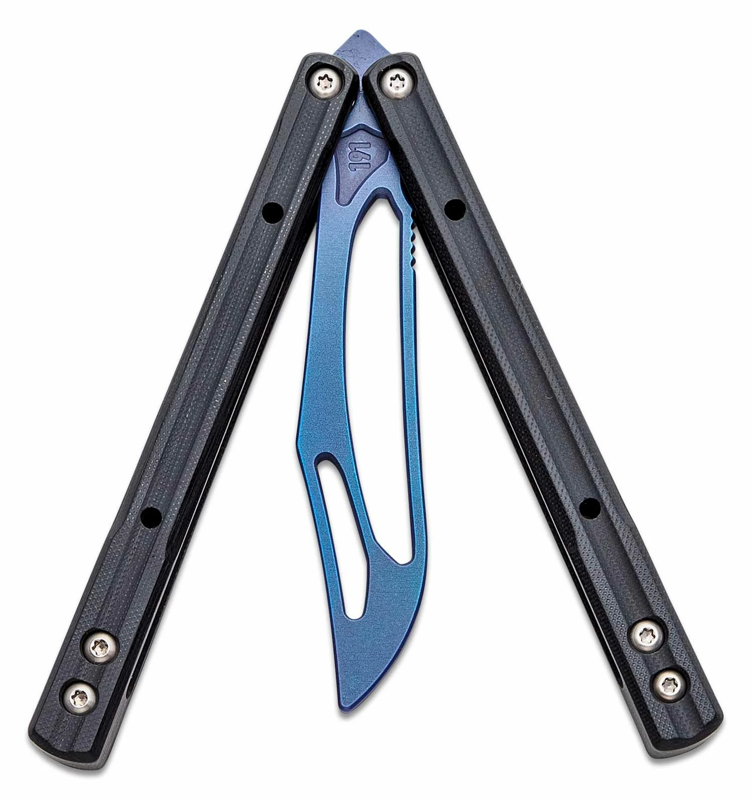 JK Designs Custom Orca Trainer Butterfly Knife 4.375″ Blue Titanium Blade, Integral Black G10 Handles – Bushing Pivot 4 JK Designs Custom Orca Trainer Butterfly Knife 4.375″ Blue Titanium Blade, Integral Black G10 Handles – Bushing Pivot - Image 2