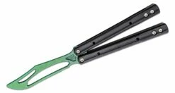 JK Designs Custom Orca Trainer Butterfly Knife 4.375″ Green Titanium Blade, Integral Black G10 Handles – Bushing Pivot
