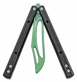 JK Designs Custom Orca Trainer Butterfly Knife 4.375″ Green Titanium Blade, Integral Black G10 Handles – Bushing Pivot -SANFORD CUSTOM KNIVES Sales JKDORCATBKGR 3