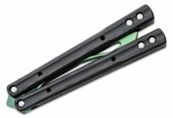 JK Designs Custom Orca Trainer Butterfly Knife 4.375″ Green Titanium Blade, Integral Black G10 Handles – Bushing Pivot -SANFORD CUSTOM KNIVES Sales JKDORCATBKGR 4
