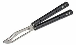 JK Designs Custom Orca Trainer Butterfly Knife 4.375″ Zirblasted Titanium Blade, Integral Black G10 Handles – Bushing Pivot