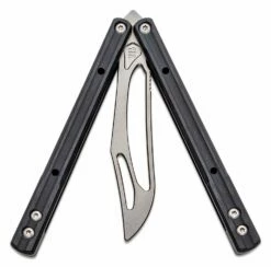 JK Designs Custom Orca Trainer Butterfly Knife 4.375″ Zirblasted Titanium Blade, Integral Black G10 Handles – Bushing Pivot -SANFORD CUSTOM KNIVES Sales JKDORCATBKZB 3