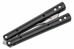 JK Designs Custom Orca Trainer Butterfly Knife 4.375″ Zirblasted Titanium Blade, Integral Black G10 Handles – Bushing Pivot -SANFORD CUSTOM KNIVES Sales JKDORCATBKZB 4