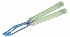 JK Designs Custom Orca Trainer Butterfly Knife 4.375″ Blue Titanium Blade, Integral Jade G10 Handles – Bushing Pivot