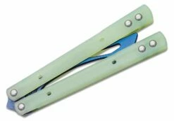 JK Designs Custom Orca Trainer Butterfly Knife 4.375″ Blue Titanium Blade, Integral Jade G10 Handles – Bushing Pivot -SANFORD CUSTOM KNIVES Sales JKDORCATJDBL 4