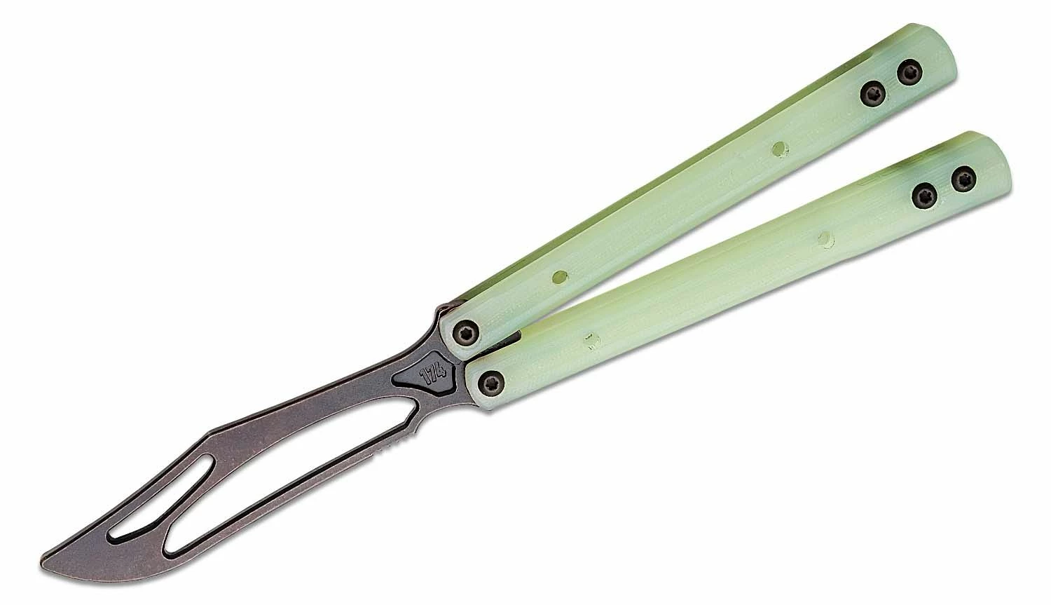JK Designs Custom Orca Trainer Butterfly Knife 4.375″ Denim Black Titanium Blade, Integral Jade G10 Handles – Bushing Pivot 3 JK Designs Custom Orca Trainer Butterfly Knife 4.375″ Denim Black Titanium Blade, Integral Jade G10 Handles – Bushing Pivot