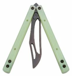 JK Designs Custom Orca Trainer Butterfly Knife 4.375″ Denim Black Titanium Blade, Integral Jade G10 Handles – Bushing Pivot 8 JK Designs Custom Orca Trainer Butterfly Knife 4.375″ Denim Black Titanium Blade, Integral Jade G10 Handles – Bushing Pivot -SANFORD CUSTOM KNIVES Sales JKDORCATJDDB 3