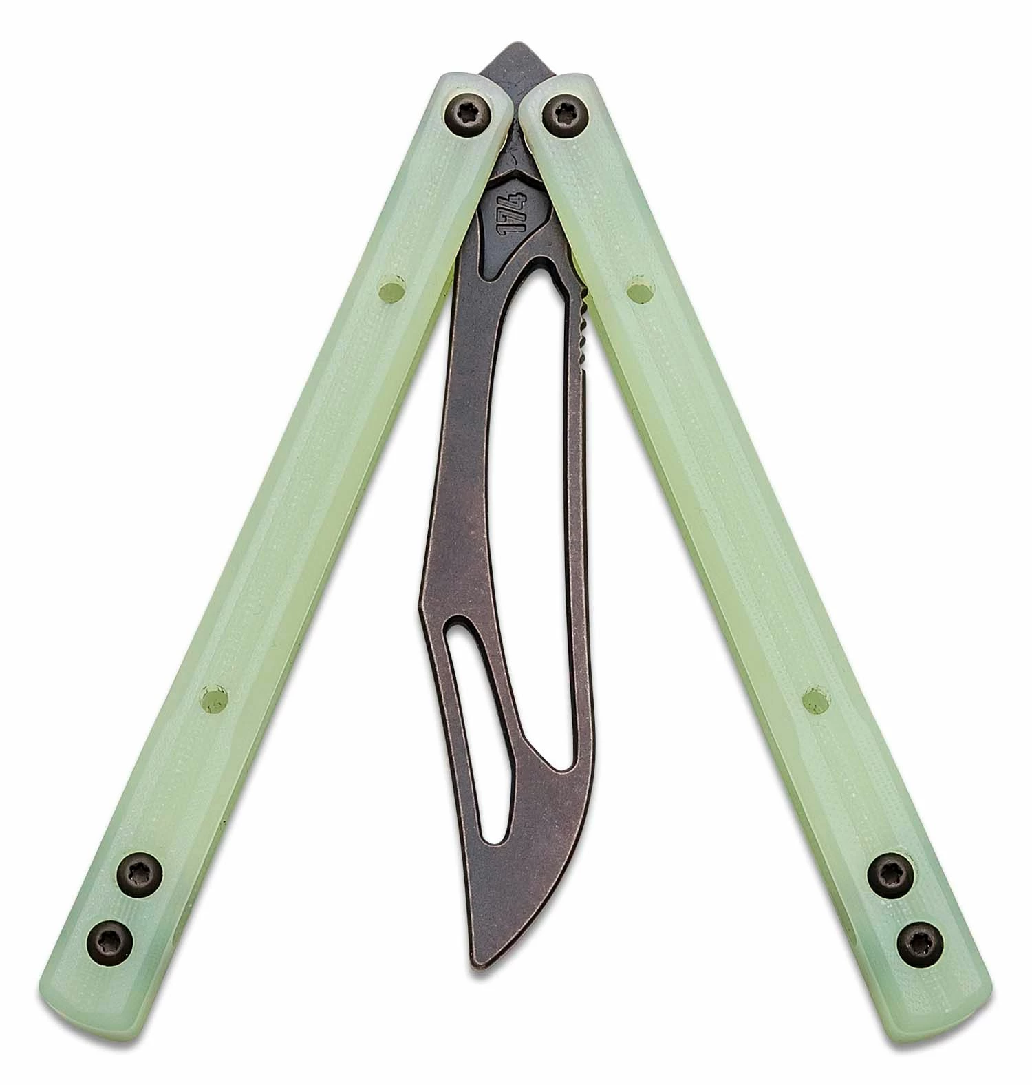 JK Designs Custom Orca Trainer Butterfly Knife 4.375″ Denim Black Titanium Blade, Integral Jade G10 Handles – Bushing Pivot 5 JK Designs Custom Orca Trainer Butterfly Knife 4.375″ Denim Black Titanium Blade, Integral Jade G10 Handles – Bushing Pivot - Image 3