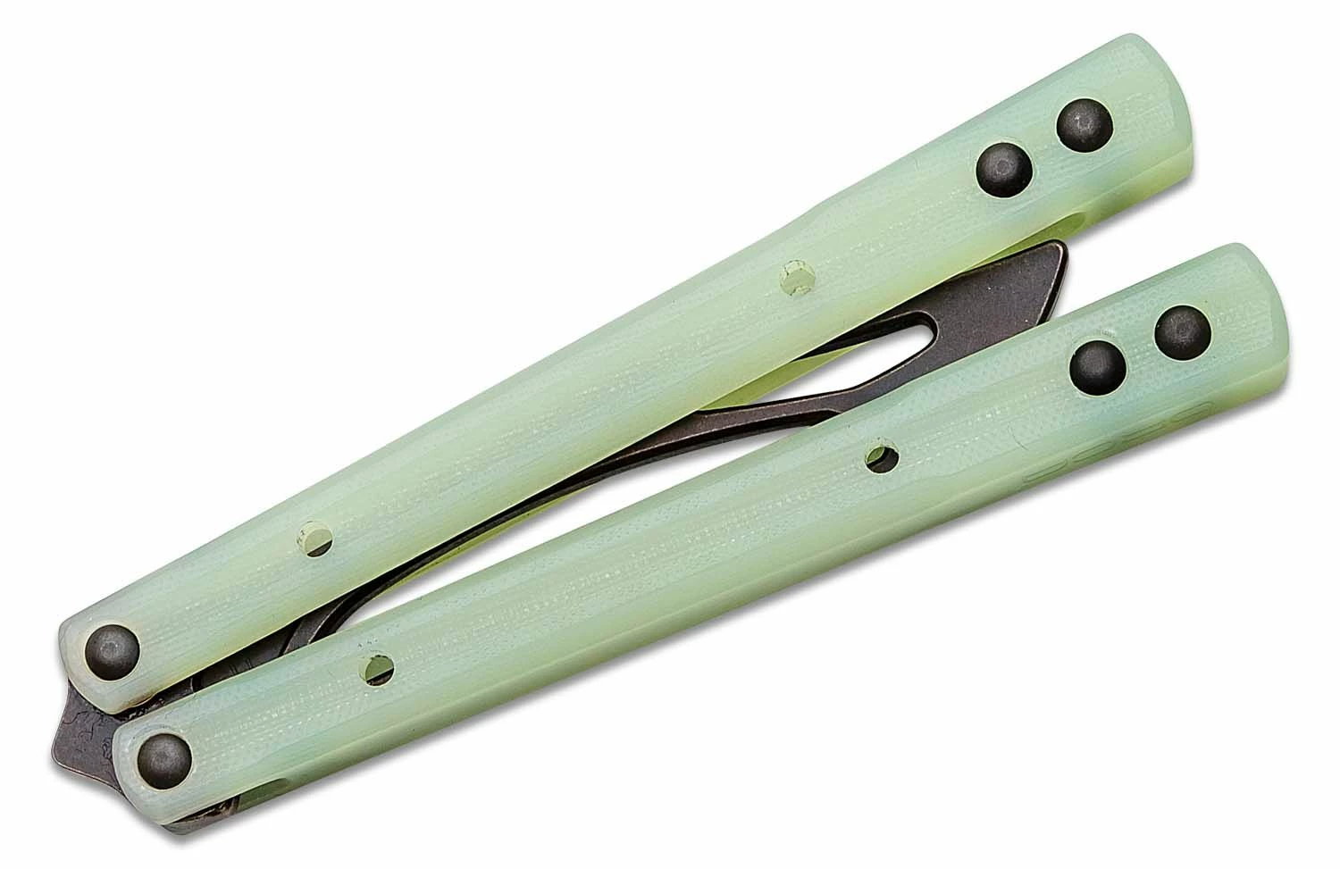 JK Designs Custom Orca Trainer Butterfly Knife 4.375″ Denim Black Titanium Blade, Integral Jade G10 Handles – Bushing Pivot 6 JK Designs Custom Orca Trainer Butterfly Knife 4.375″ Denim Black Titanium Blade, Integral Jade G10 Handles – Bushing Pivot - Image 4