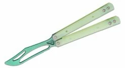 JK Designs Custom Orca Trainer Butterfly Knife 4.375″ Green Titanium Blade, Integral Jade G10 Handles – Bushing Pivot