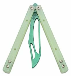 JK Designs Custom Orca Trainer Butterfly Knife 4.375″ Green Titanium Blade, Integral Jade G10 Handles – Bushing Pivot -SANFORD CUSTOM KNIVES Sales JKDORCATJDGR 3