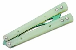 JK Designs Custom Orca Trainer Butterfly Knife 4.375″ Green Titanium Blade, Integral Jade G10 Handles – Bushing Pivot -SANFORD CUSTOM KNIVES Sales JKDORCATJDGR 4