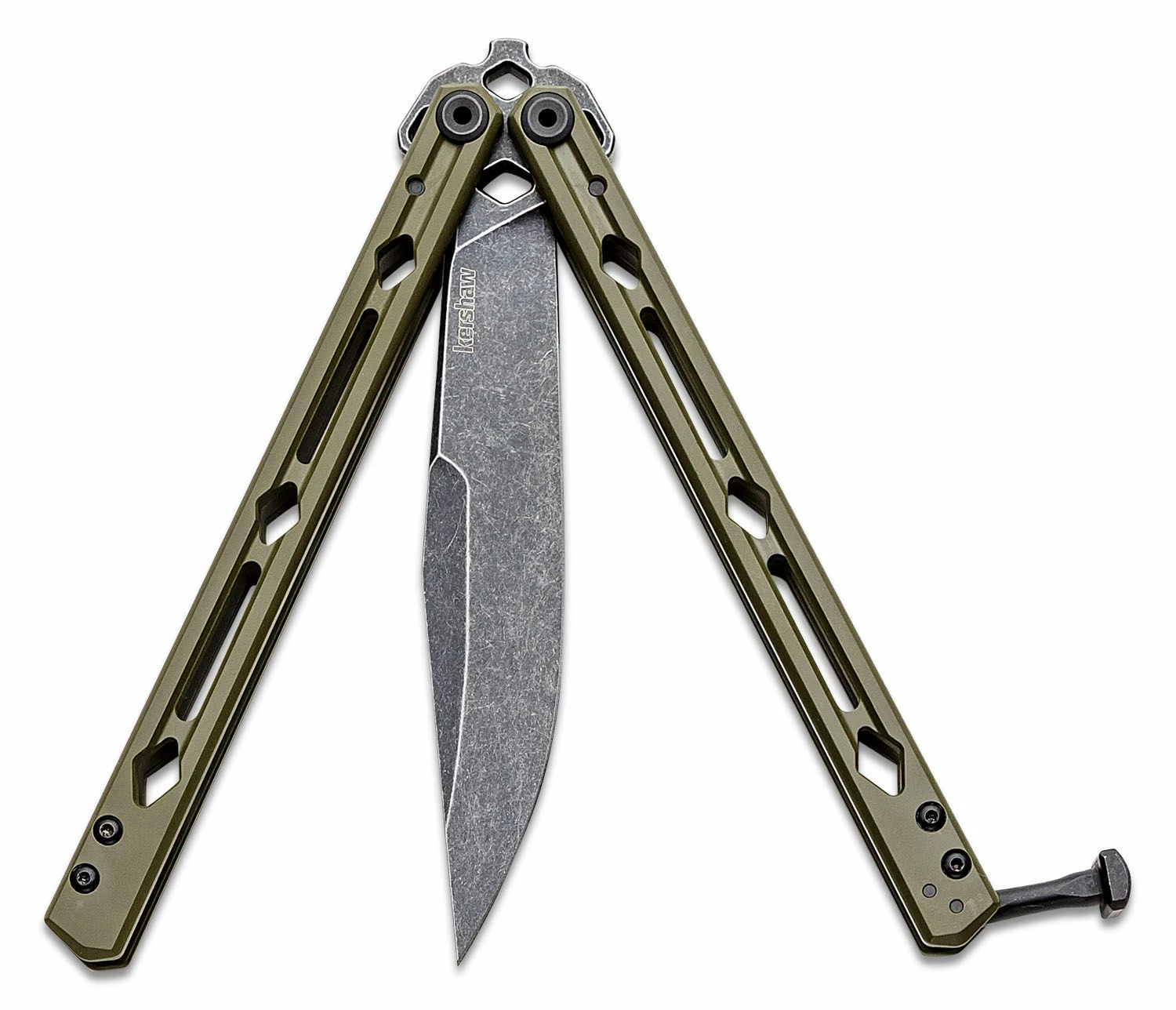 Kershaw 5150ODBW Lucha Balisong Butterfly Knife 4.6″ BlackWashed Sandvik 14C28N Clip Point Blade, OD Green Stainless Steel Handles 5 Kershaw 5150ODBW Lucha Balisong Butterfly Knife 4.6″ BlackWashed Sandvik 14C28N Clip Point Blade, OD Green Stainless Steel Handles - Image 3