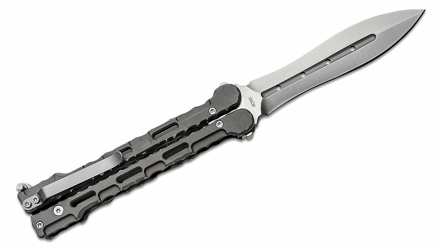 Mantis Mothra BladeXchange Balisong Butterfly Knife 4.45″ 154CM Satin Single-Edge Dagger Blade, Milled Bead Blasted Titanium Handles 3 Mantis Mothra BladeXchange Balisong Butterfly Knife 4.45″ 154CM Satin Single-Edge Dagger Blade, Milled Bead Blasted Titanium Handles