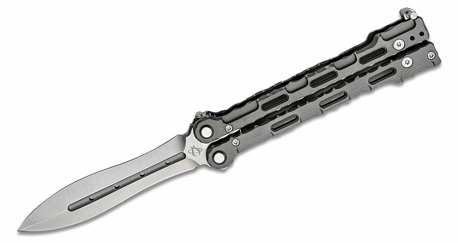 Mantis Mothra BladeXchange Balisong Butterfly Knife 4.45″ 154CM Satin Single-Edge Dagger Blade, Milled Bead Blasted Titanium Handles 4 Mantis Mothra BladeXchange Balisong Butterfly Knife 4.45″ 154CM Satin Single-Edge Dagger Blade, Milled Bead Blasted Titanium Handles - Image 2