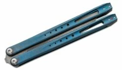 Prince Customs SYN #024 Balisong Butterfly Knife 4.625″ CTS-204P Blasted Guandao Blade, Blue Titanium Handles, Zirconium Spacers, TruGlo Handle Indicators -SANFORD CUSTOM KNIVES Sales PNCSYN024 4