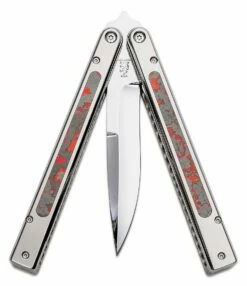 Sam Eddleman Custom Weehawk Balisong Butterfly Knife 4.25″ N690 Mirror Polished Blade, Polished Titanium Handles With Red/Black FatCarbon Inlays -SANFORD CUSTOM KNIVES Sales SEKWHBSMPBR 3